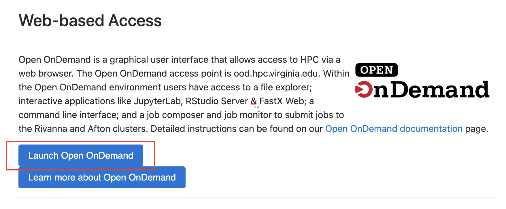 RC website with Launch Open OnDemand button highlighted
