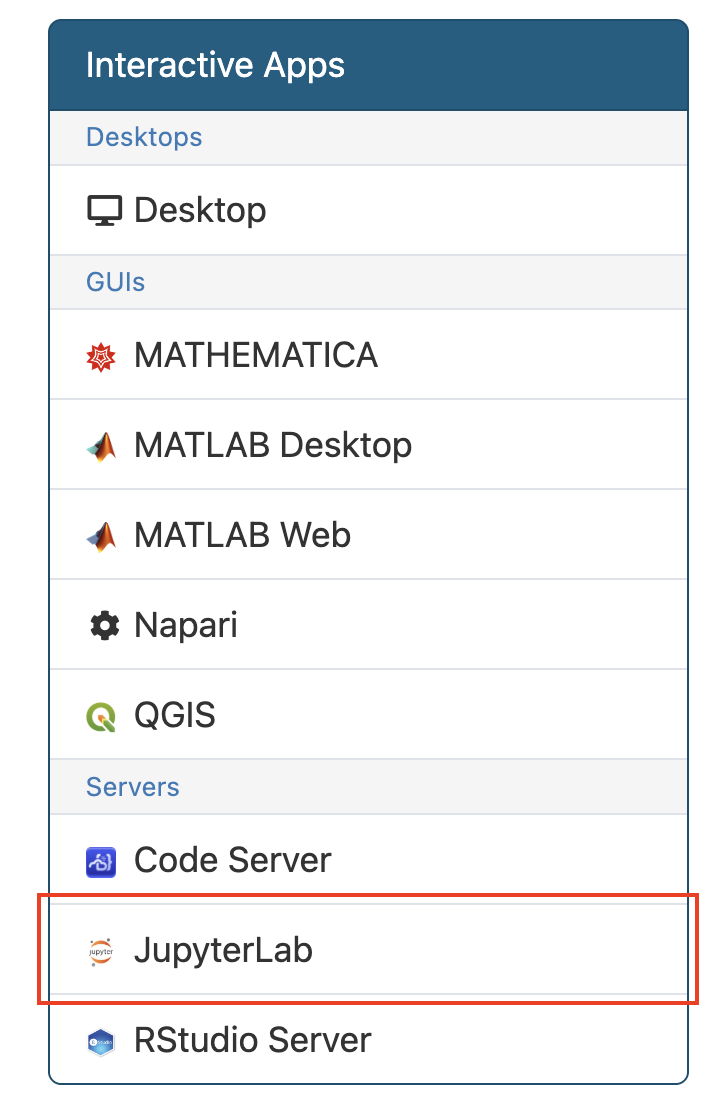 Interactive Apps dropdown with JupyterLab highlighted