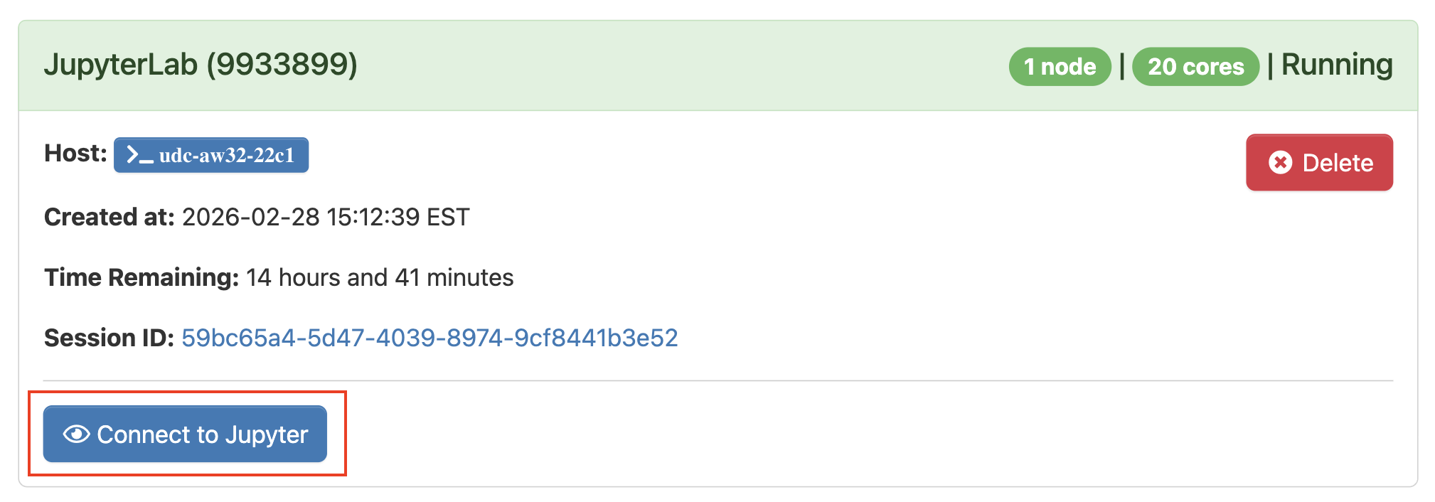 Running session with Connect to Jupyter button highlighted